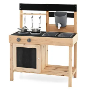 Mud Kitchen Playset Kids Play Kitchen Outdoor with 2 Removable Sinks-Natural - C