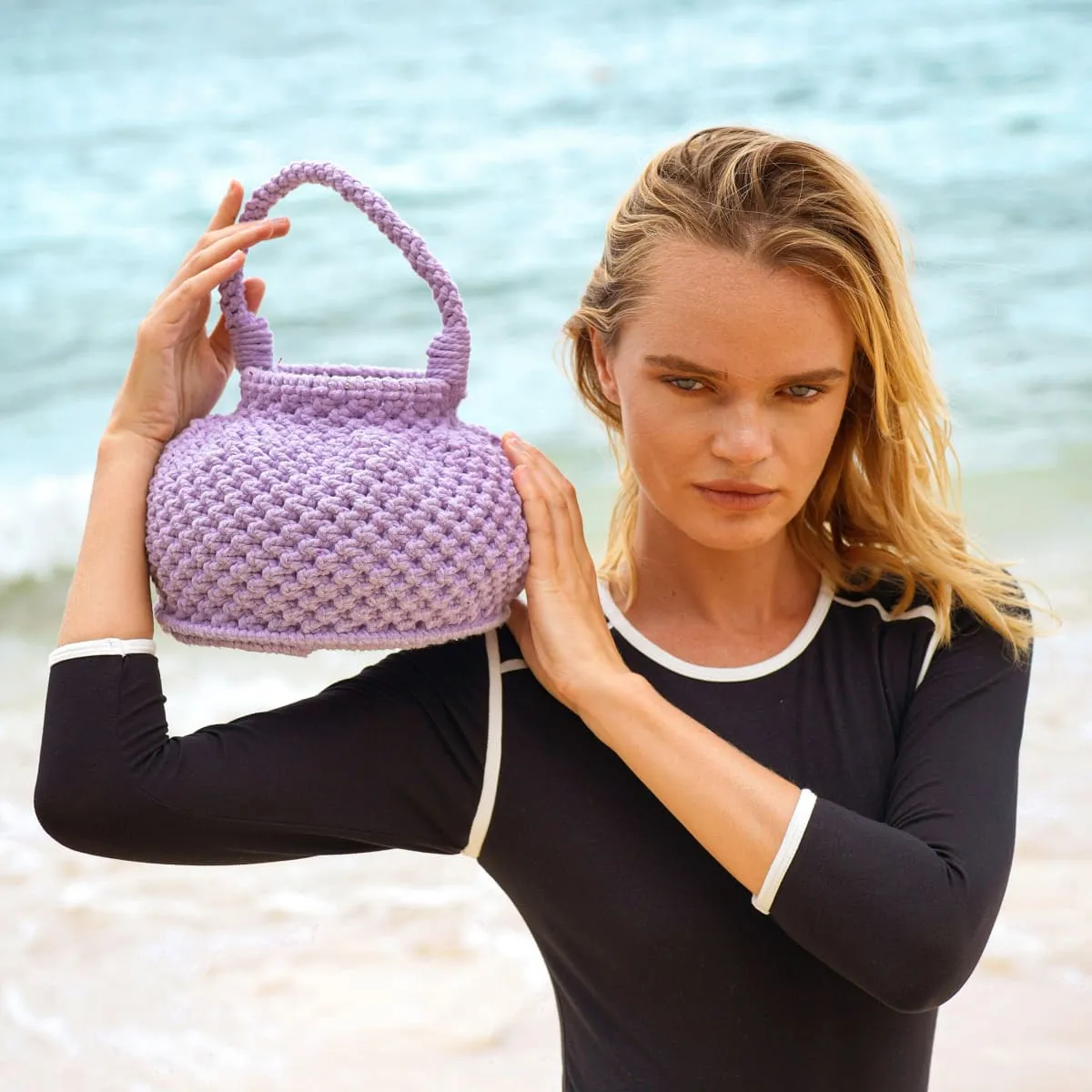 Naga Macrame Cotton Bucket Handbag-Periwinkle Purple