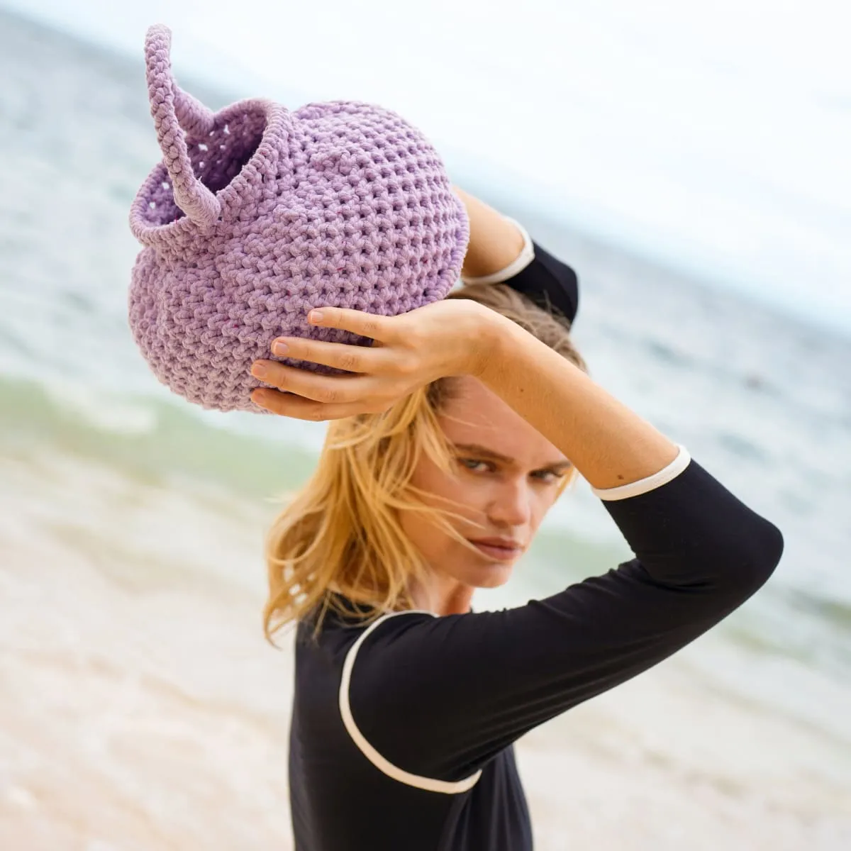Naga Macrame Cotton Bucket Handbag-Periwinkle Purple