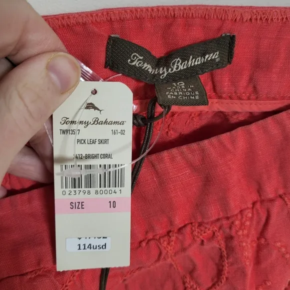 NEW Tommy Bahama Pick Leaf Linen Embroidered Mini Skirt bright coral sz 10 beach