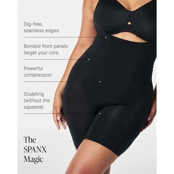 NWT NEW Spanx Sculpt Oncore Open-Bust Mid-Thigh Bodysuit Very Black, Sz XL