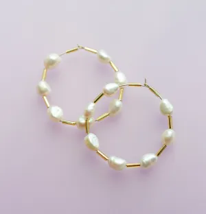 Pearl Beaded hoops, gold filled earrings, beach earrings, statement earrings, pearl earrings, gold hoop earrings, Pearl