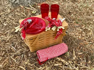 Picnic Ware - 1970s? Woven Wood Picnic Basket, Fully Stocked!