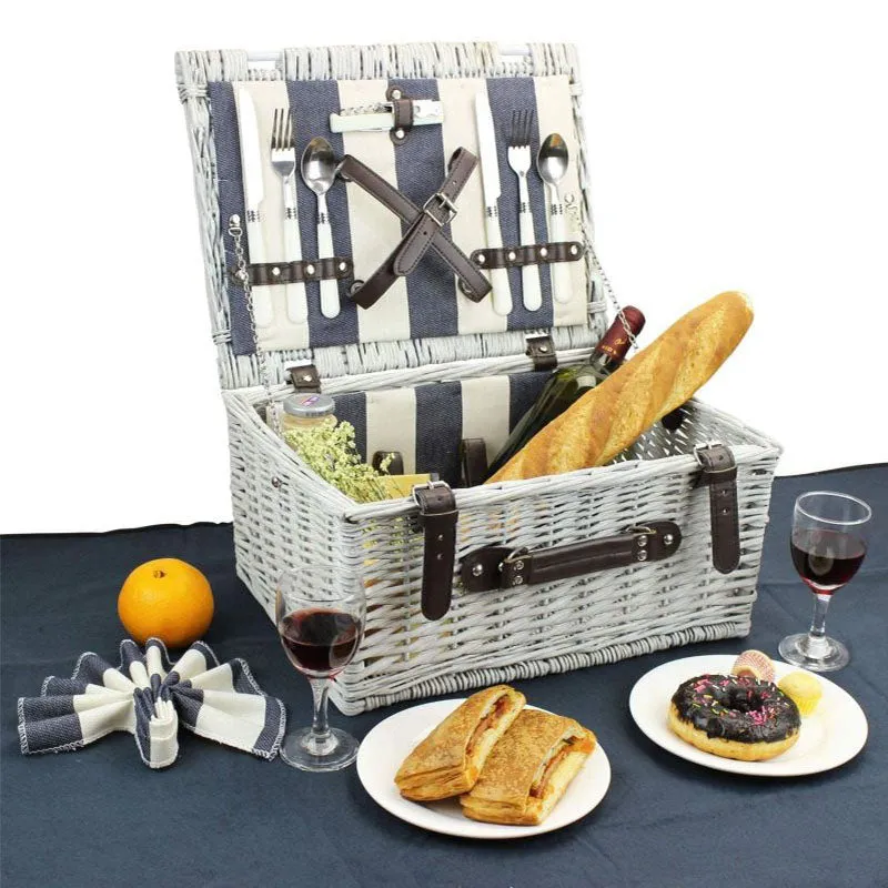 Picnic Wicker Basket 2 Person with Black-and-white Stripe