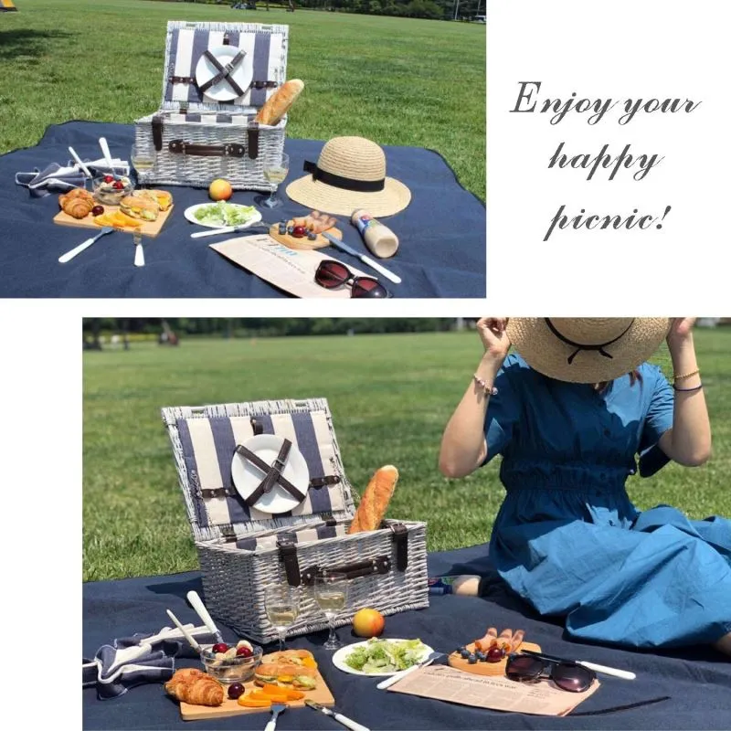 Picnic Wicker Basket 2 Person with Black-and-white Stripe