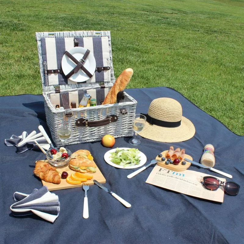 Picnic Wicker Basket 2 Person with Black-and-white Stripe
