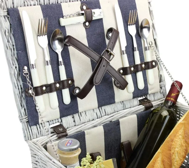 Picnic Wicker Basket 2 Person with Black-and-white Stripe