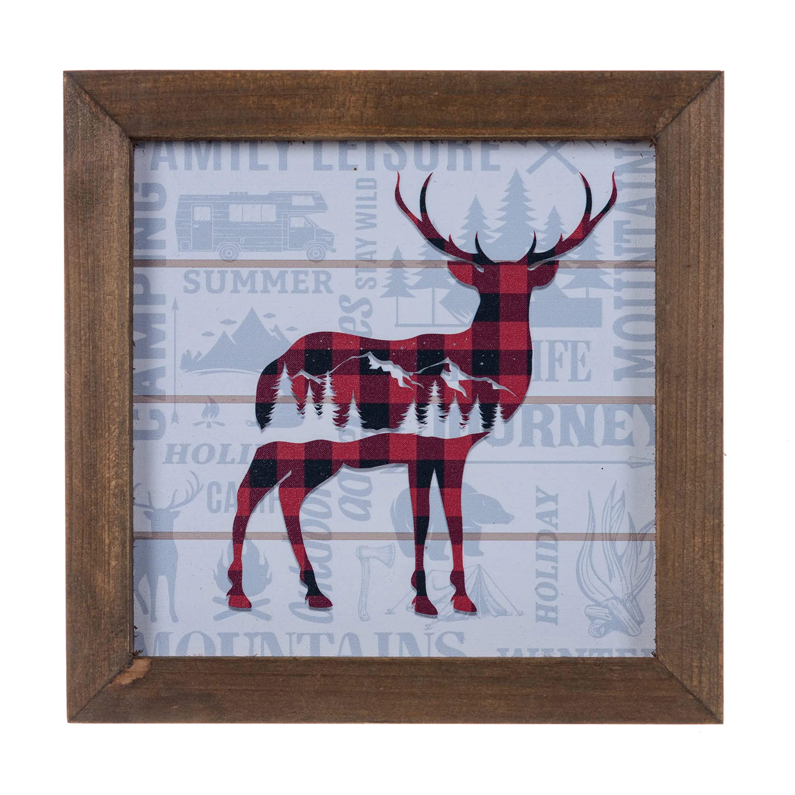 Pine Ridge Plaid Deer Framed Wall Art - Modern Rustic Wood Frame, Home Decor For Living Room, Bedroom, Or Cabin, 7.75 Inches