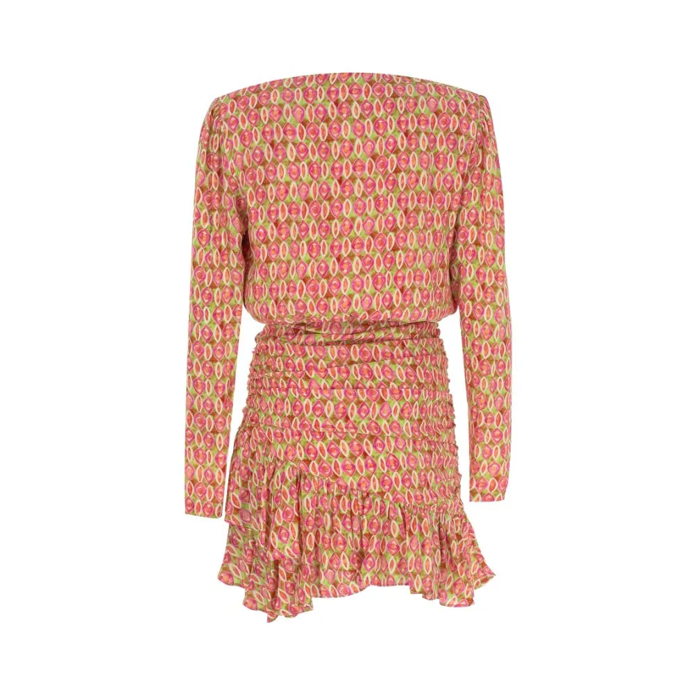 Pink Diamond Patterned V-Neck Ruffled Mini Dress