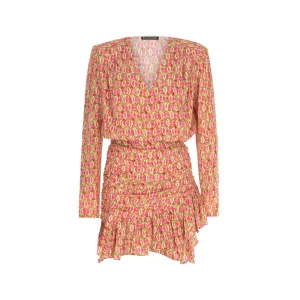 Pink Diamond Patterned V-Neck Ruffled Mini Dress
