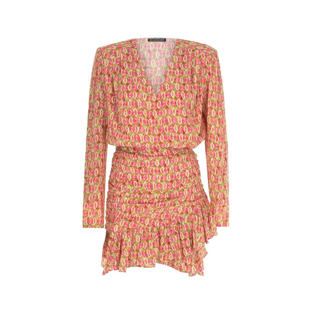 Pink Diamond Patterned V-Neck Ruffled Mini Dress