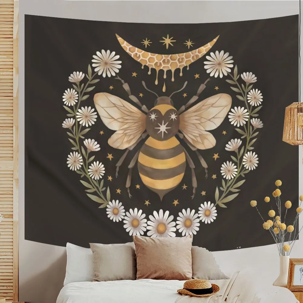 Psychedelic Bee Tapestry Wall Hanging Moon Wall Tapestry Wall Carpet Psychedelic Women Aesthetic Wall Cloth Tapestries