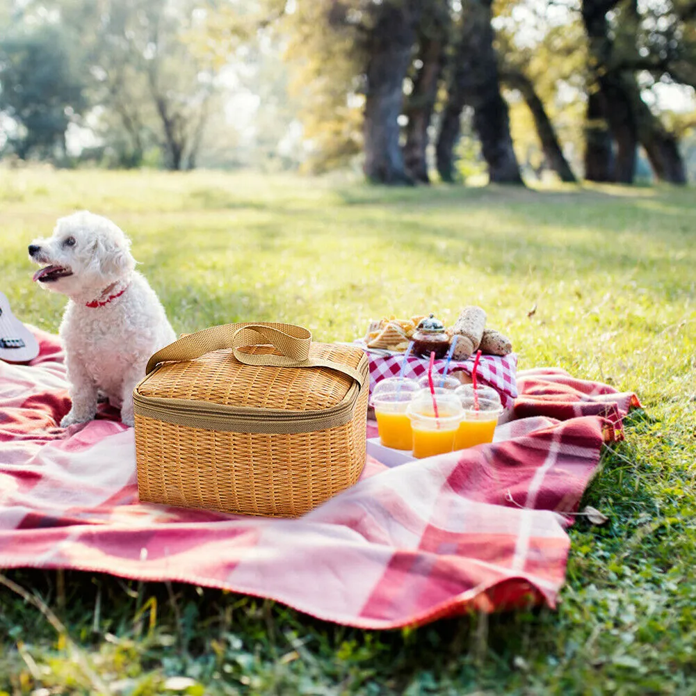 Rattan Picnic Basket with Cooler Thermal Insulated Picnic Set Bag