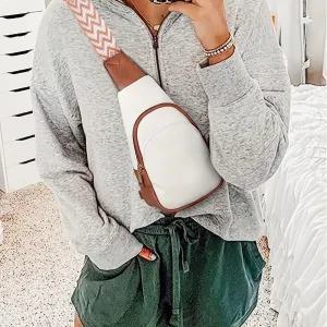 realaiot  Vintage Colorblock Sling Bag, Wide Guitar Strap Crossbody Bag, PU Leather Chest Bag For Travel Hiking Camping