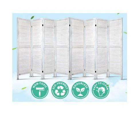 Room Divider Screen 8 Panel Privacy Wood Dividers Stand Bed Timber - White