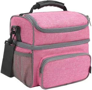 Rynx | Flowfly Double Layer Cooler Bag Insulated Lunch Bag Adult Lunch Box Large Tote Bag For Men, Women, With Adjustable Strap, Front Pocket And Double Large Side Pockets, Pink