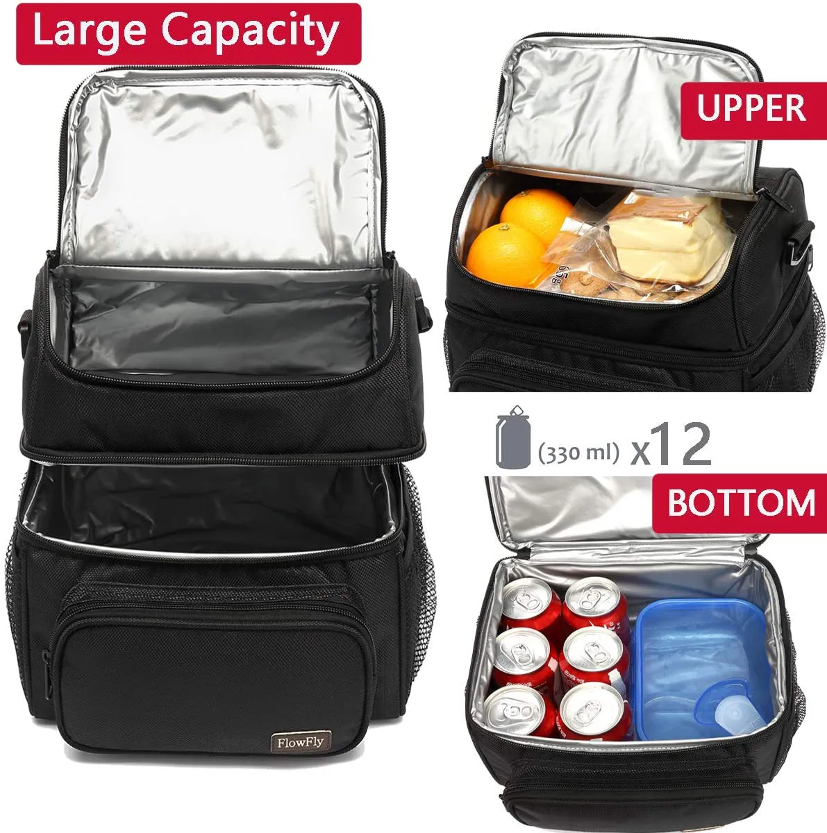 Rynx | Flowfly Double Layer Cooler Bag Insulated Lunch Bag Adult Lunch Box Large Tote Bag For Men, Women, With Adjustable Strap, Front Pocket And Double Large Side Pockets, Pink
