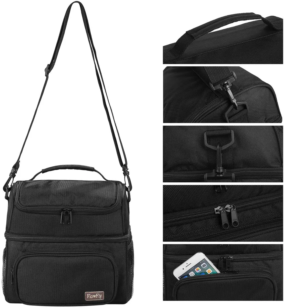 Rynx | Flowfly Double Layer Cooler Bag Insulated Lunch Bag Adult Lunch Box Large Tote Bag For Men, Women, With Adjustable Strap, Front Pocket And Double Large Side Pockets, Pink