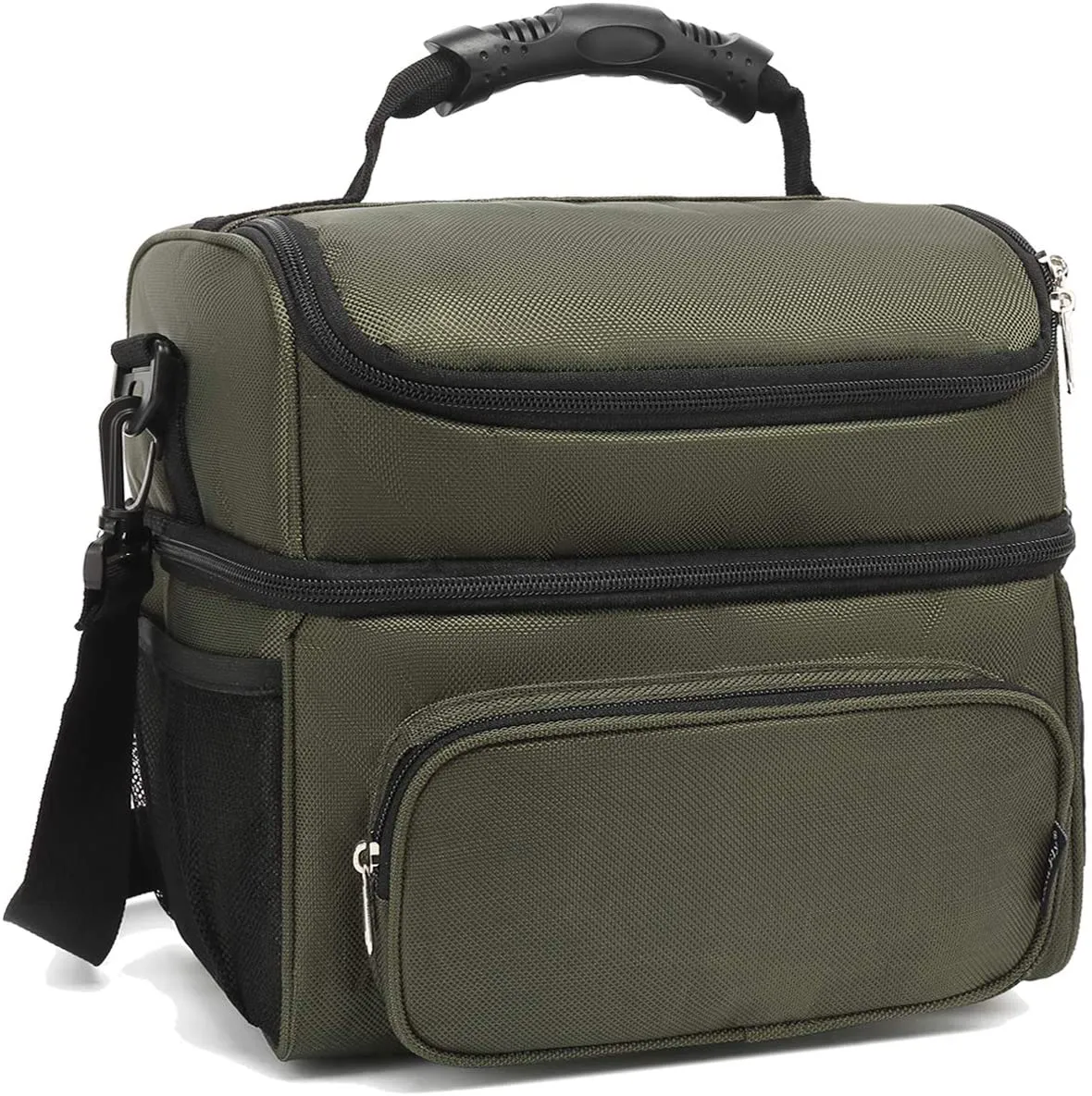 Rynx | Flowfly Double Layer Cooler Insulated Lunch Bag Adult Lunch Box Large Tote Bag For Men, Women, With Adjustable Strap, Front Pocket And Double Large Mesh Side Pockets, Army Green