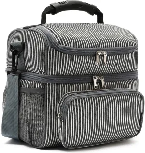 Rynx | Flowfly Double Layer Cooler Insulated Lunch Bag Adult Lunch Box Large Tote Bag For Men, Women, With Adjustable Strap, Front Pocket And Double Large Mesh Side Pockets, White & Black Stripes