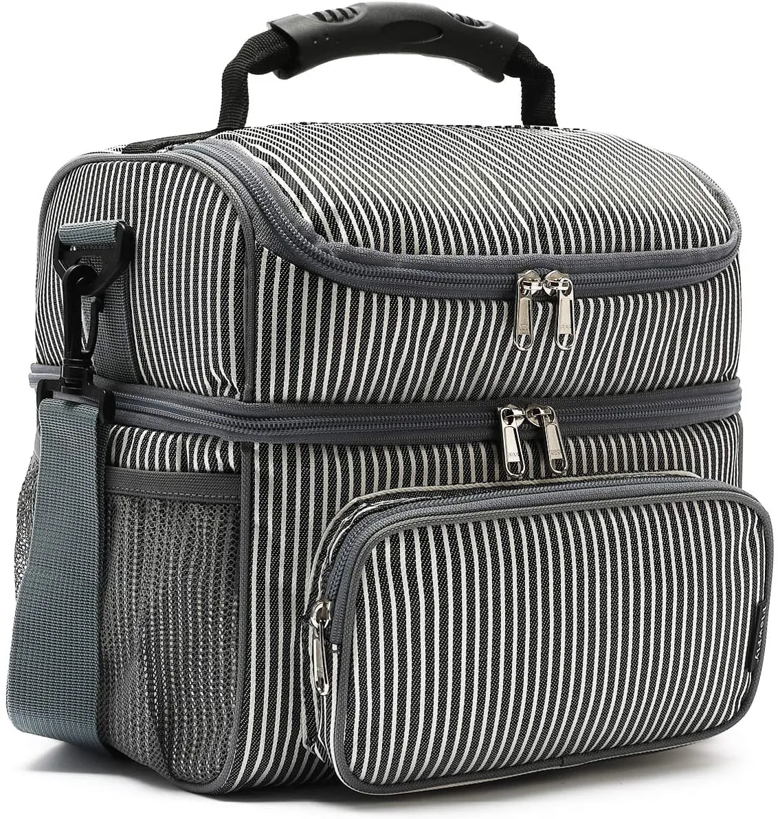 Rynx | Flowfly Double Layer Cooler Insulated Lunch Bag Adult Lunch Box Large Tote Bag For Men, Women, With Adjustable Strap, Front Pocket And Double Large Mesh Side Pockets, White & Black Stripes