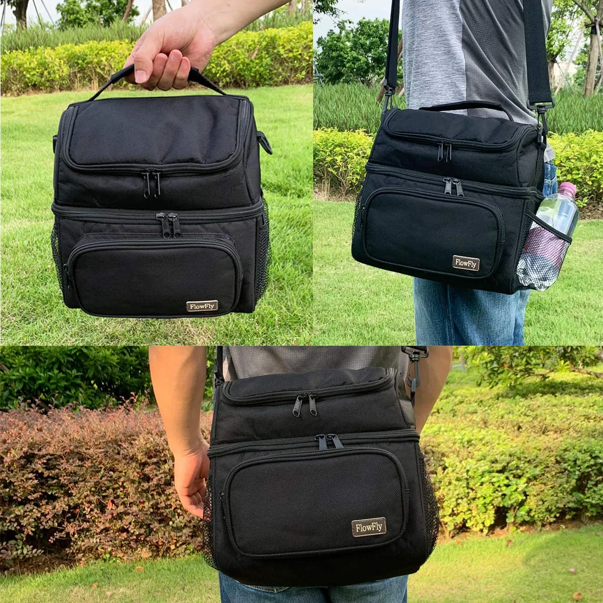 Rynx | Flowfly Double Layer Cooler Insulated Lunch Bag Adult Lunch Box Large Tote Bag For Men, Women, With Adjustable Strap, Front Pocket And Dual Mesh Pockets On The Side, Gray