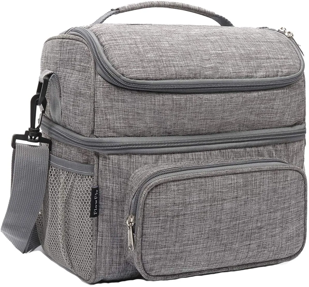 Rynx | Flowfly Double Layer Cooler Insulated Lunch Bag Adult Lunch Box Large Tote Bag For Men, Women, With Adjustable Strap, Front Pocket And Dual Mesh Pockets On The Side, Gray