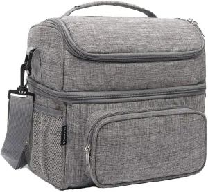 Rynx | Flowfly Double Layer Cooler Insulated Lunch Bag Adult Lunch Box Large Tote Bag For Men, Women, With Adjustable Strap, Front Pocket And Dual Mesh Pockets On The Side, Gray