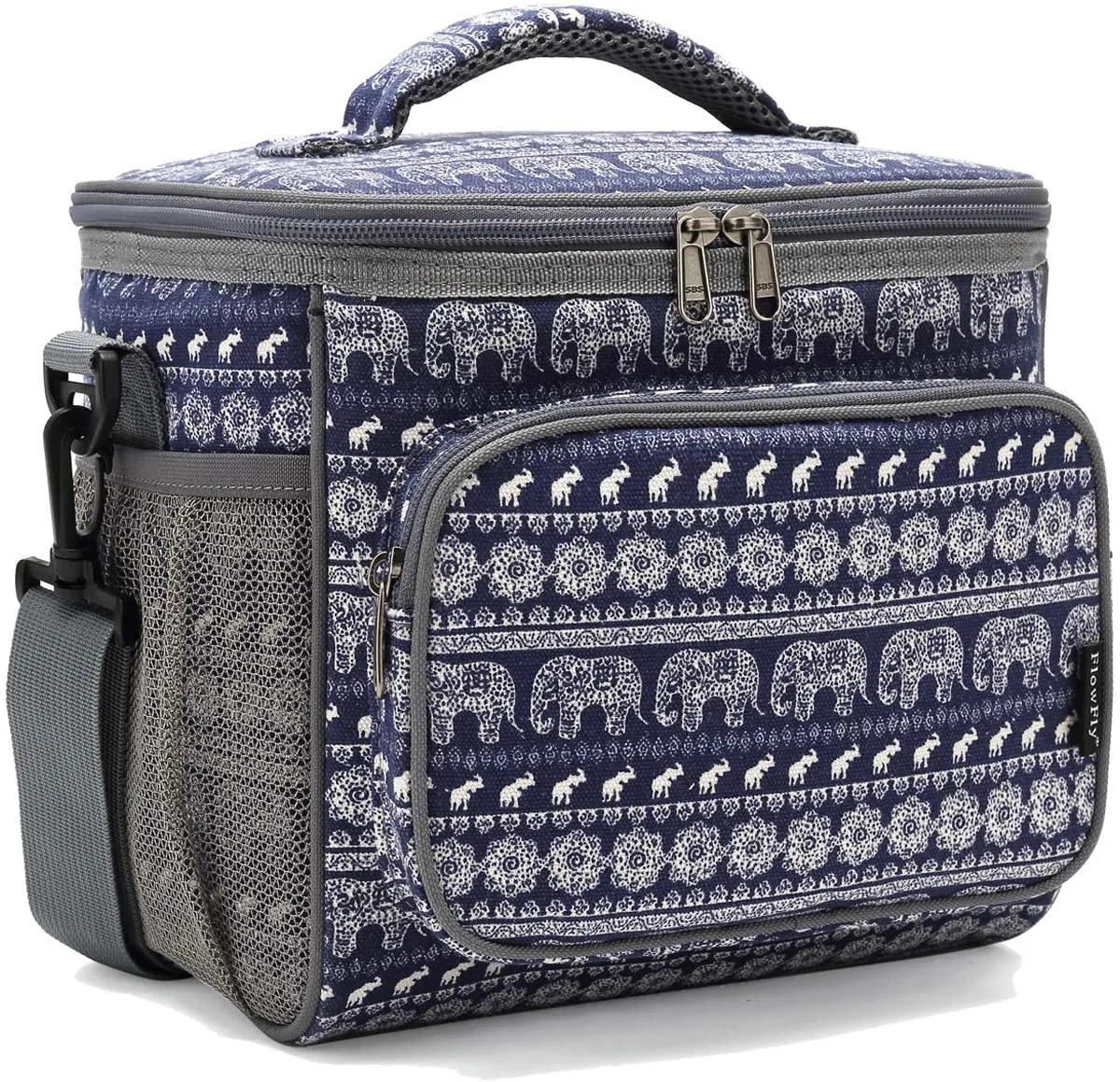 Rynx | Flowfly Insulated Reusable Lunch Bag Adult Large Lunch Box For Women And Men With Adjustable Shoulder Strap Front Zipper Pocket And Double Large Mesh Pockets On The Side, Elephant