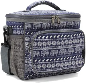 Rynx | Flowfly Insulated Reusable Lunch Bag Adult Large Lunch Box For Women And Men With Adjustable Shoulder Strap Front Zipper Pocket And Double Large Mesh Pockets On The Side, Elephant
