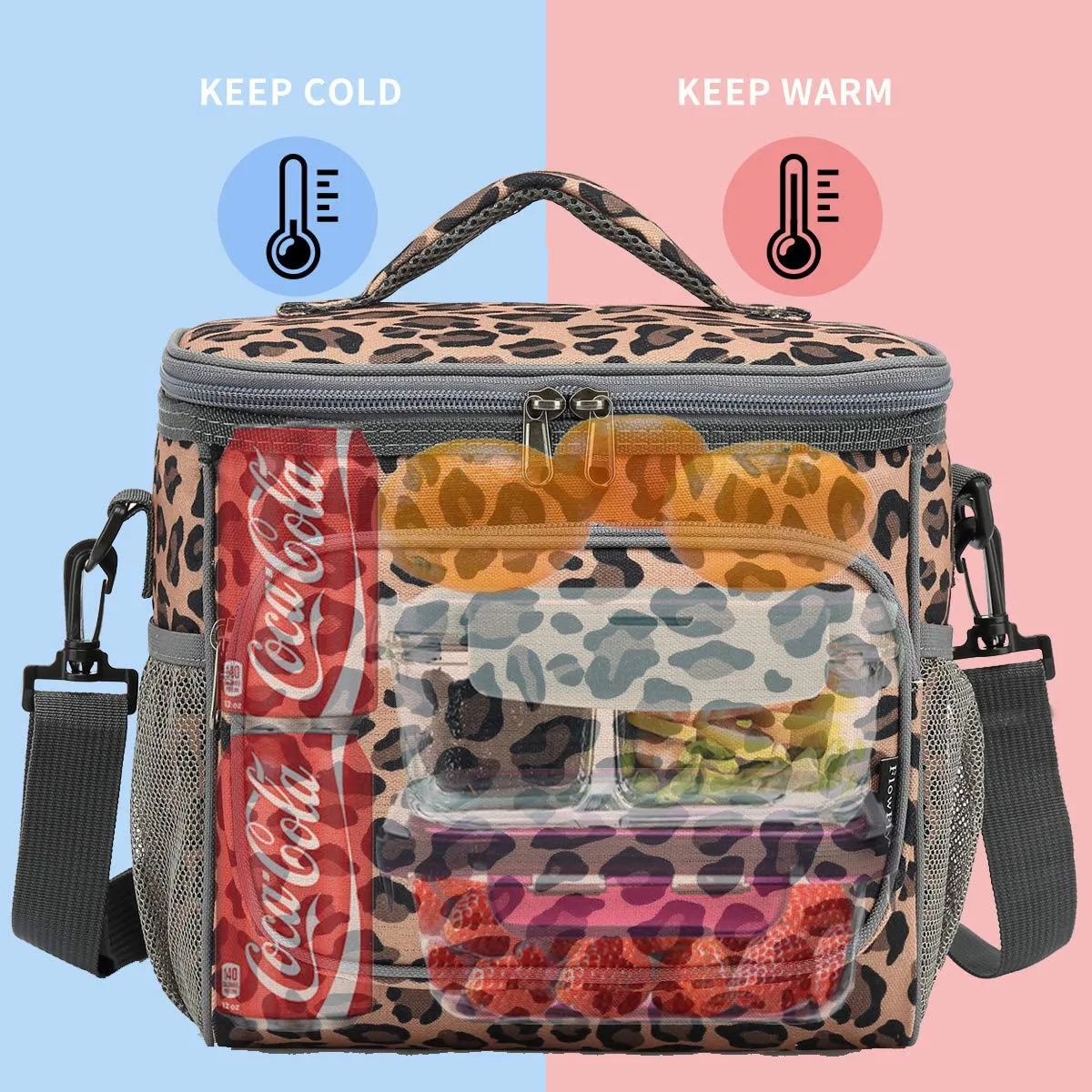 Rynx | Flowfly Insulated Reusable Lunch Bag Adult Large Lunch Box For Women And Men With Adjustable Shoulder Strap Front Zipper Pocket And Double Large Mesh Pockets On The Side, Heart