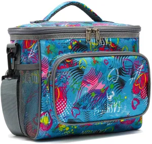 Rynx | Flowfly Insulated Reusable Lunch Bag Adult Large Lunch Box For Women And Men With Adjustable Shoulder Strap Front Zipper Pocket And Double Large Mesh Pockets On The Side, Heart