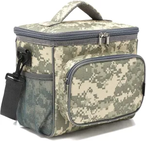 Rynx | Flowfly Insulated Reusable Lunchbox Adult Large Lunchbox For Women And Men With Adjustable Shoulder Strap Front Zipper Pocket And Double Large Mesh Side Pockets, Digital Camo