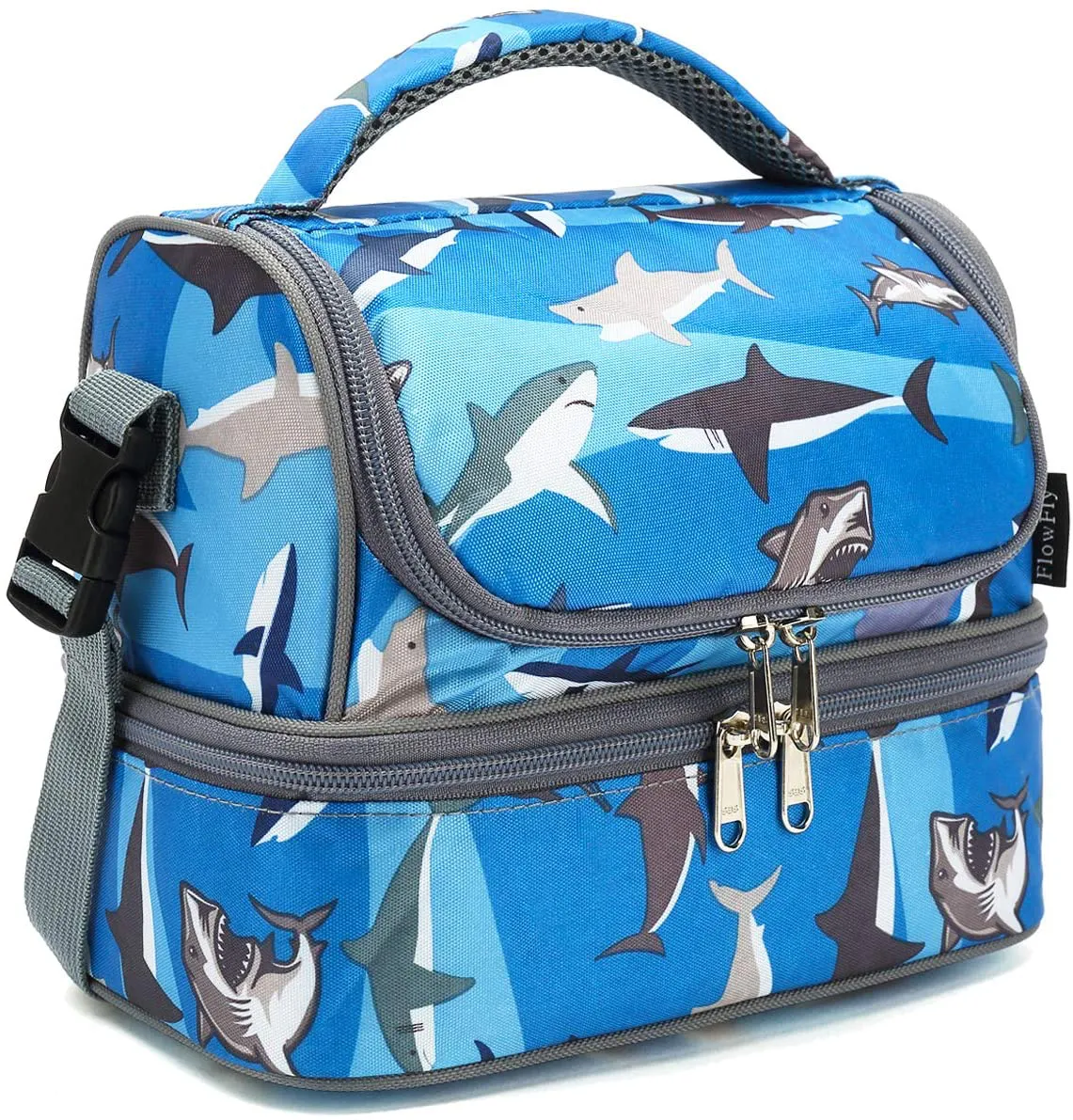 Rynx | Flowfly Kids Double Decker Cooler Insulated Lunch Bag Lunch Box Large Tote For Boys, Girls, With Adjustable Strap, Shark