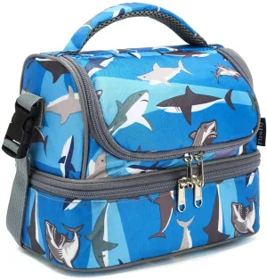 Rynx | Flowfly Kids Double Decker Cooler Insulated Lunch Bag Lunch Box Large Tote For Boys, Girls, With Adjustable Strap, Shark