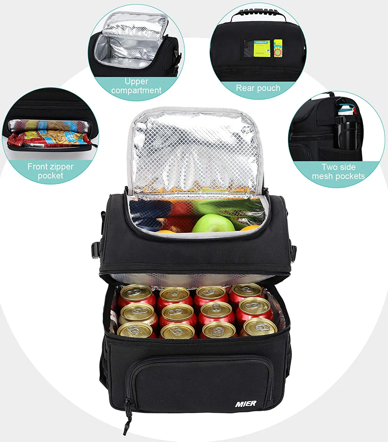 Rynx | Mier Dual Compartment Lunch Bag Tote with Shoulder Strap for Men and Women Insulated Leak-Proof Cooler Bag, Black