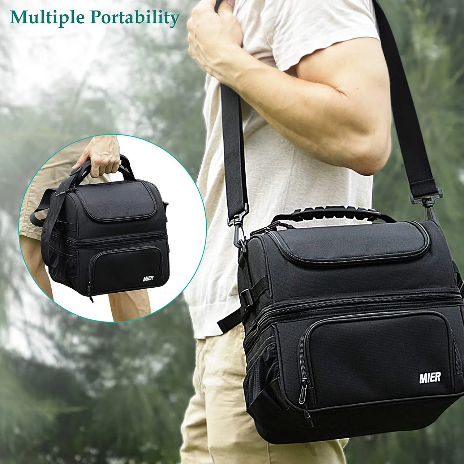 Rynx | Mier Dual Compartment Lunch Bag Tote with Shoulder Strap for Men and Women Insulated Leak-Proof Cooler Bag, Black