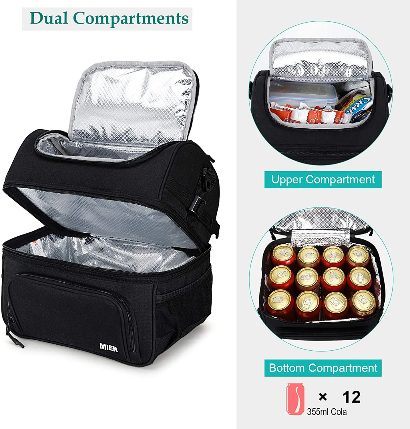 Rynx | Mier Dual Compartment Lunch Bag Tote with Shoulder Strap for Men and Women Insulated Leak-Proof Cooler Bag, Black