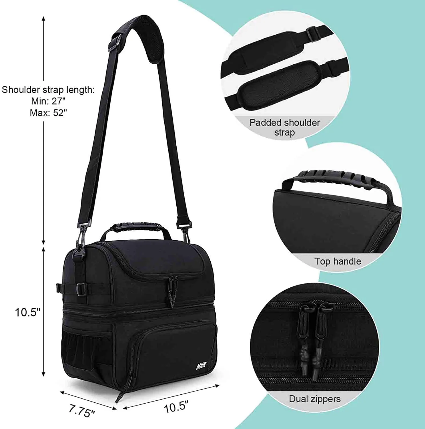 Rynx | Mier Dual Compartment Lunch Bag Tote with Shoulder Strap for Men and Women Insulated Leak-Proof Cooler Bag, Black