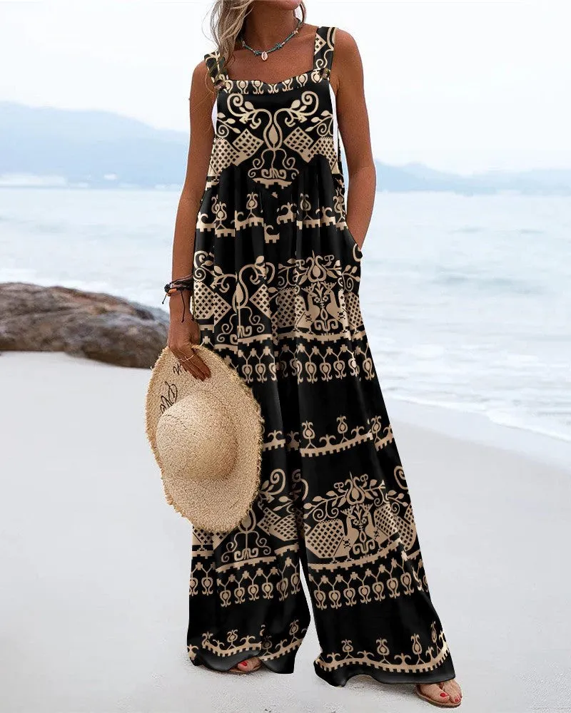 Semi Casual Large Patterned Dress with Square Neckline