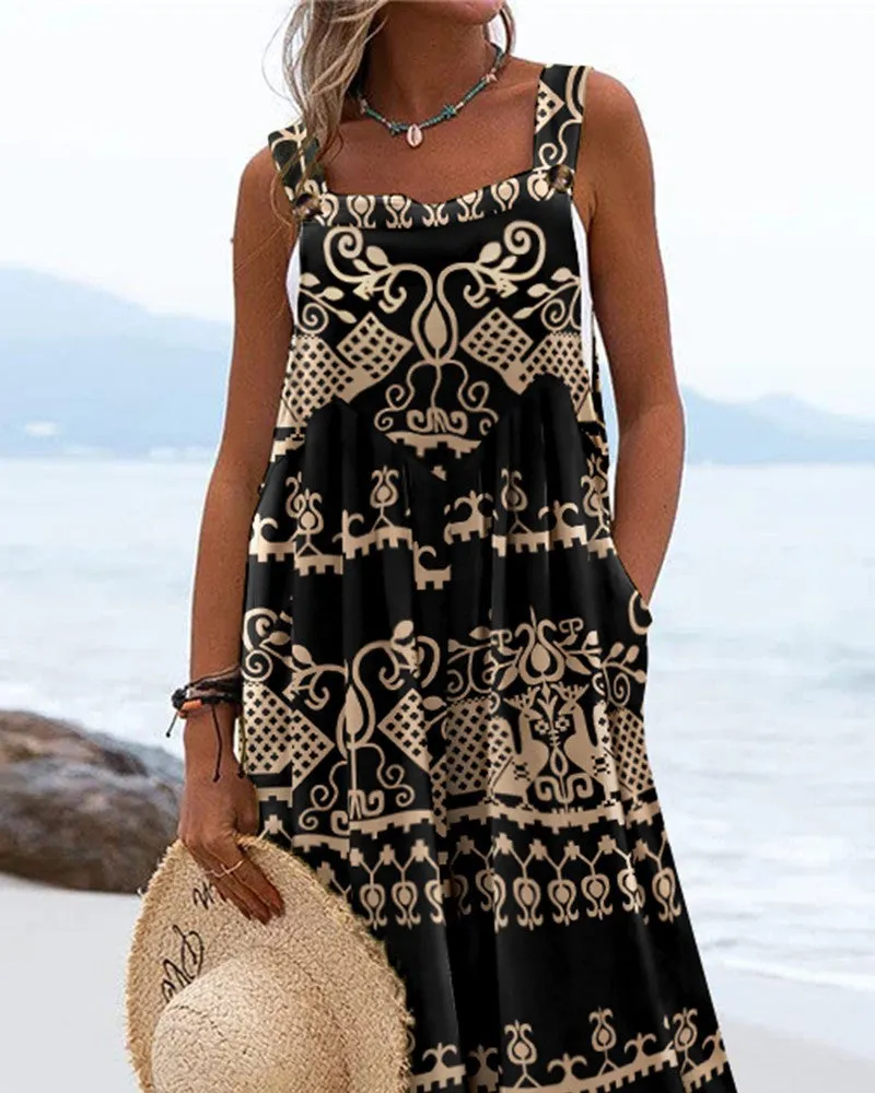 Semi Casual Large Patterned Dress with Square Neckline