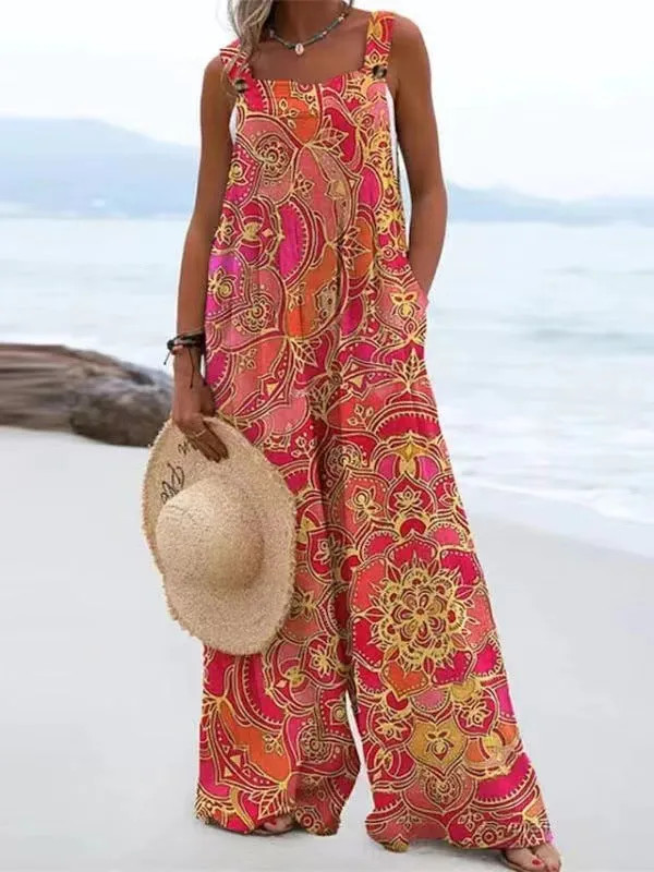 Semi Casual Large Patterned Dress with Square Neckline