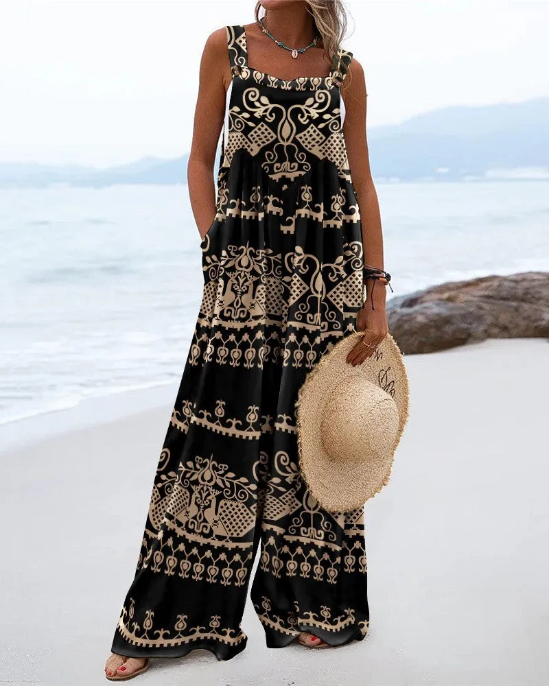 Semi Casual Large Patterned Dress with Square Neckline