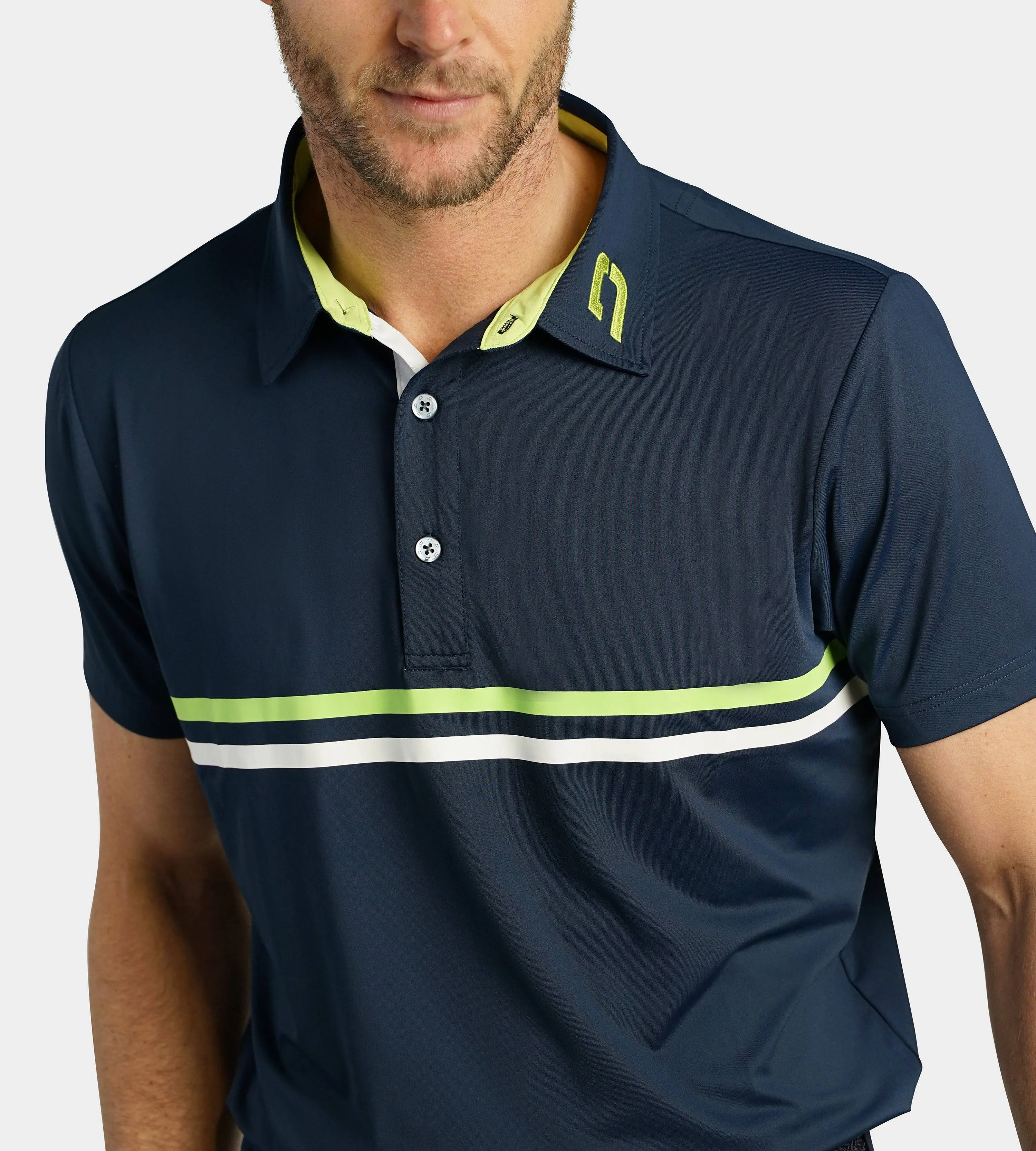 STRIPE PERFORMANCE POLO - NAVY/LIME