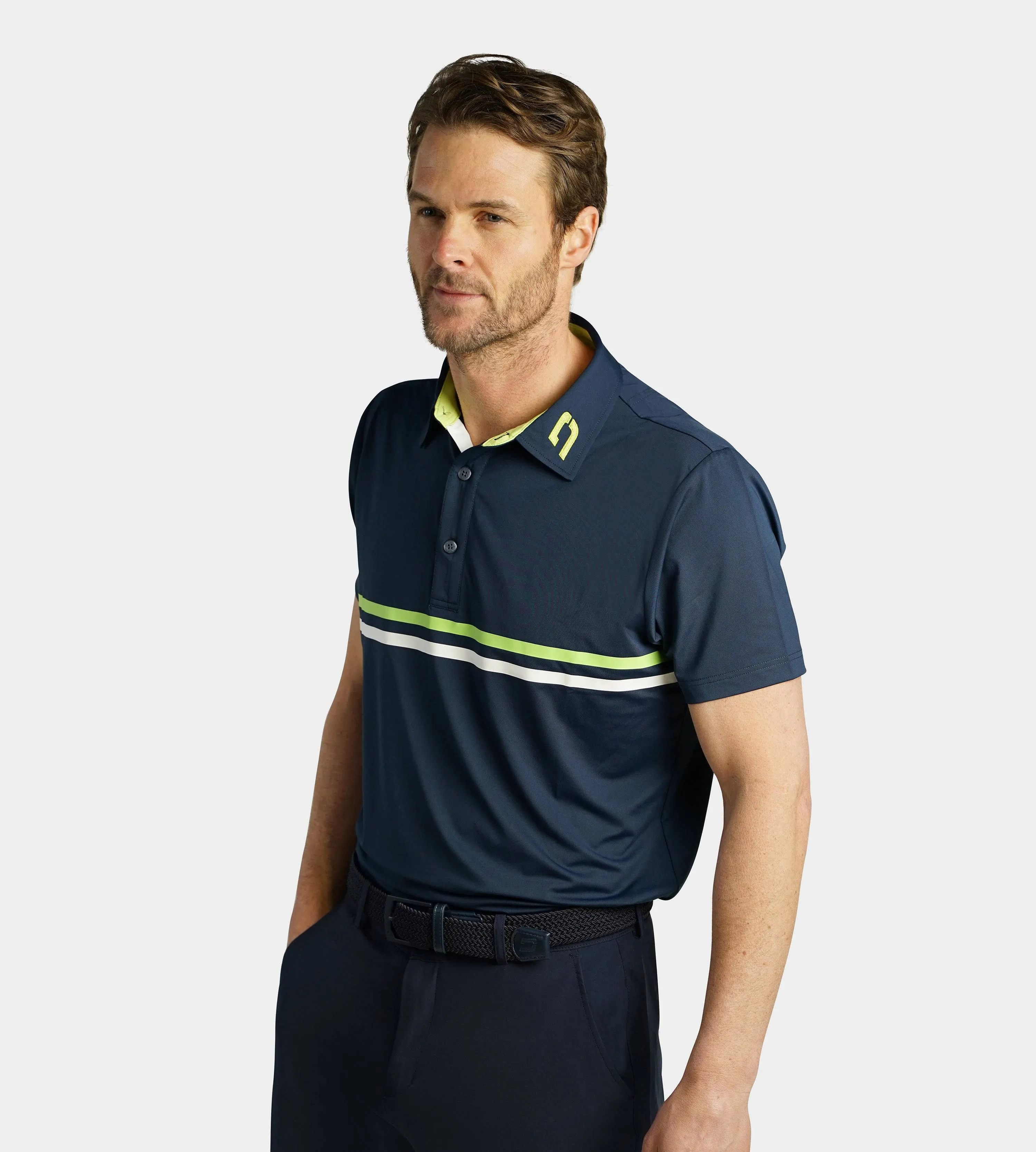 STRIPE PERFORMANCE POLO - NAVY/LIME