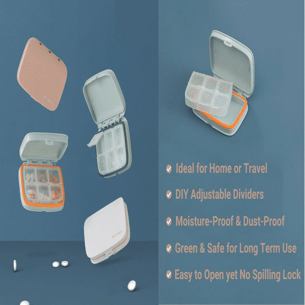 SUNFICON Daily Pill Box Organizer Container Portable Travel Medicine Pill Case Vitamin Arthritis Medication Storage Box for Purse Removable Adjustable Waterproof Dust Proof 6 Compartments White