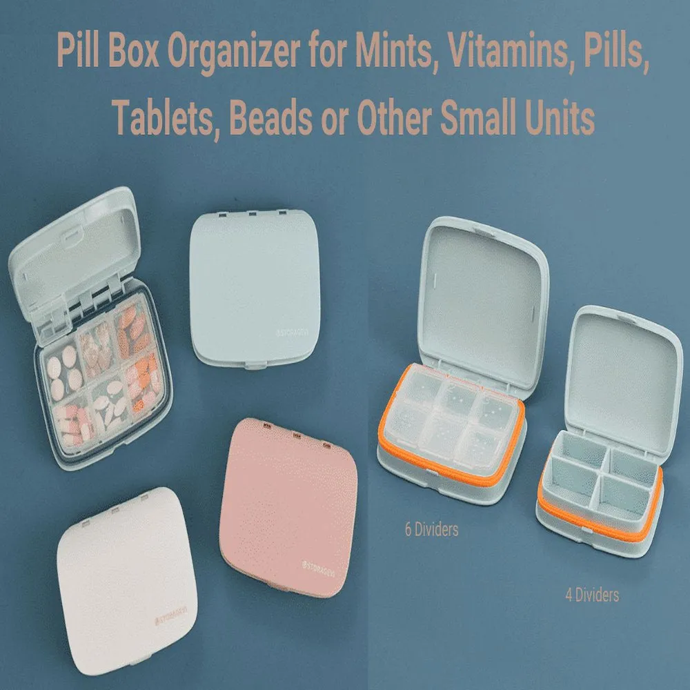 SUNFICON Daily Pill Box Organizer Container Portable Travel Medicine Pill Case Vitamin Arthritis Medication Storage Box for Purse Removable Adjustable Waterproof Dust Proof 6 Compartments White