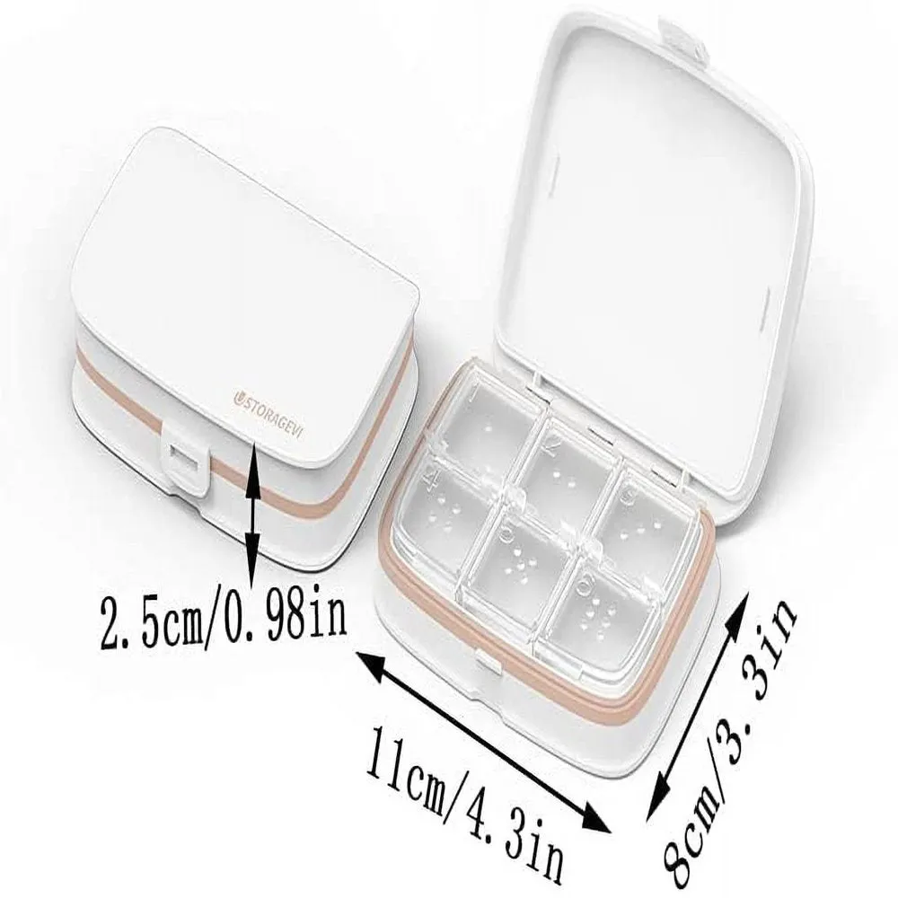 SUNFICON Daily Pill Box Organizer Container Portable Travel Medicine Pill Case Vitamin Arthritis Medication Storage Box for Purse Removable Adjustable Waterproof Dust Proof 6 Compartments White