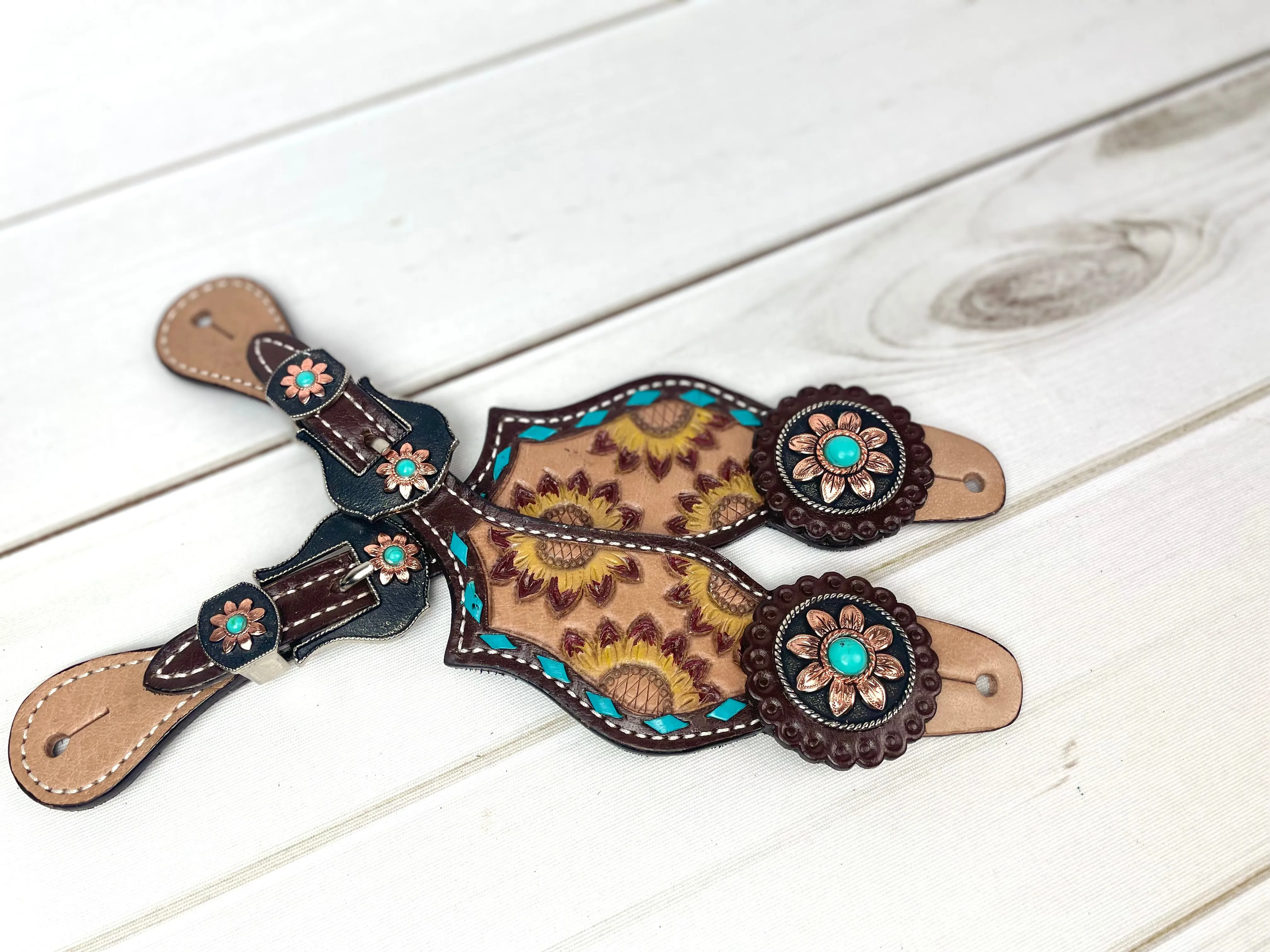 Sunflower Painted Tooled Teal Buckstitch Leather Spur Straps