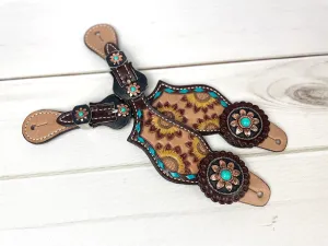 Sunflower Painted Tooled Teal Buckstitch Leather Spur Straps